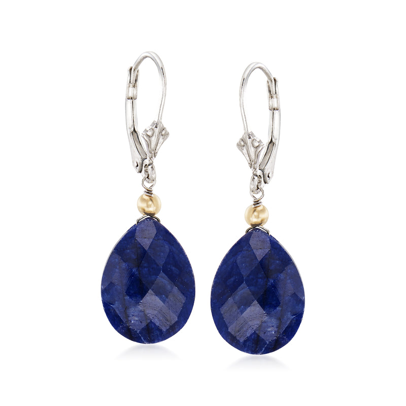 Sterling silver leverback earrings with deep blue sapphire teardrop drops and gold beads