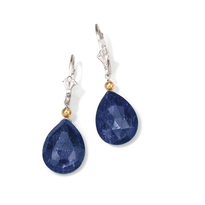 Sterling silver leverback drop earrings with deep blue teardrop sapphires and gold bead tops