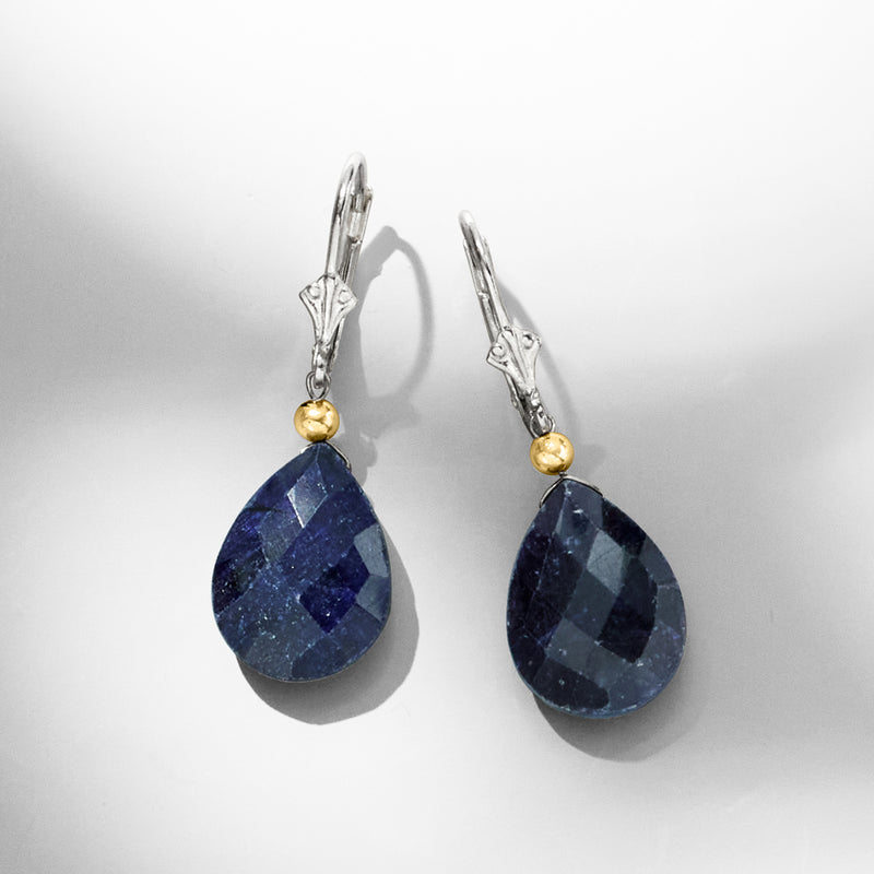 Sterling silver leverback drop earrings, deep blue sapphire teardrop stones with gold accents