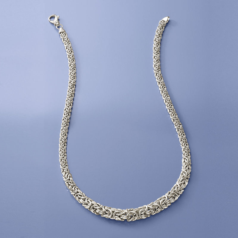 Sterling silver graduated Byzantine necklace laid flat with clasp loops at ends