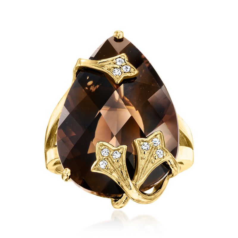 Vermeil smoky quartz ring with faceted pear-shaped stone and CZ stud details