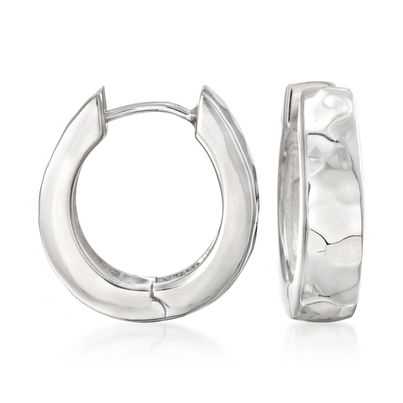 Sterling silver oblong hoop earrings with hammered texture, hinged clasp