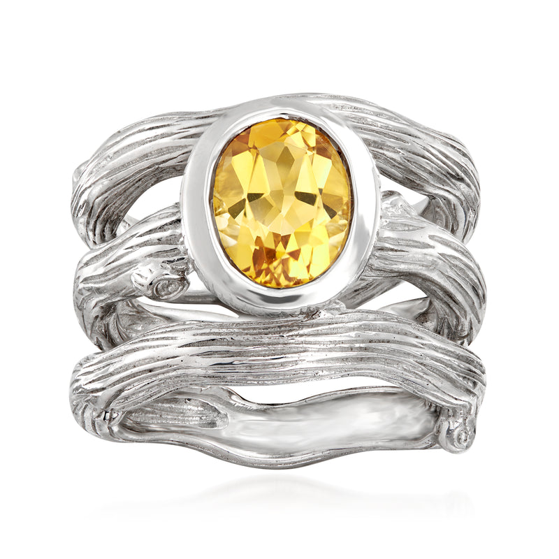 Sterling silver branch ring set with oval yellow citrine center stone