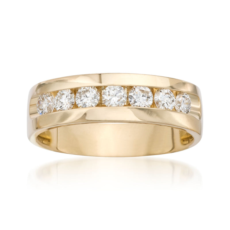 Men's 14kt yellow gold diamond wedding ring with seven round diamonds
