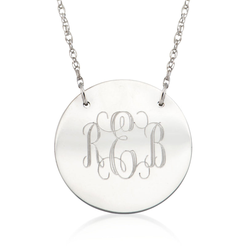 Sterling silver monogram disc necklace with engraved R/B lettering pendant