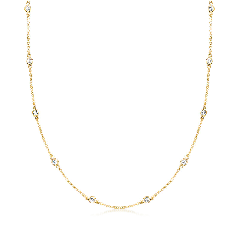 18kt gold over sterling CZ station necklace with round bezel stones, cable chain