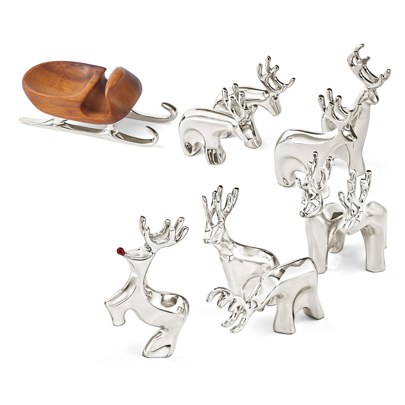 Nambe miniature reindeer and sleigh set with silver reindeer and wooden sleigh