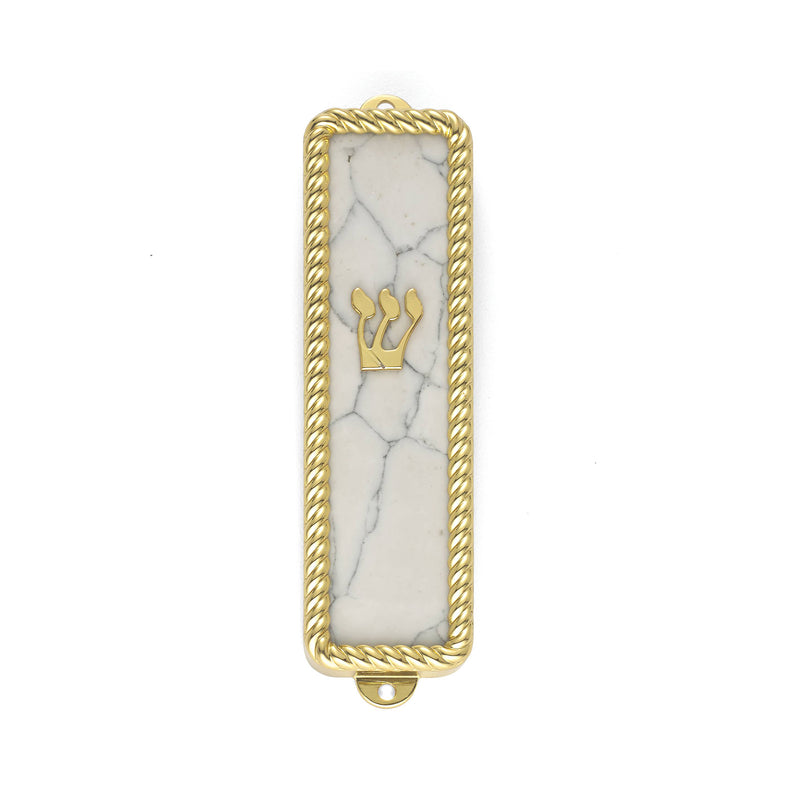 Mezuzah case with gold rope frame, white marble with gray veining, gold emblem