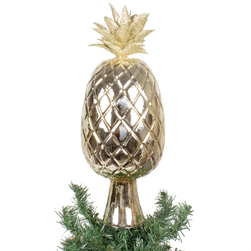 Gold faceted glass pineapple tree topper with spiky crown, on gold stem base with pine branches