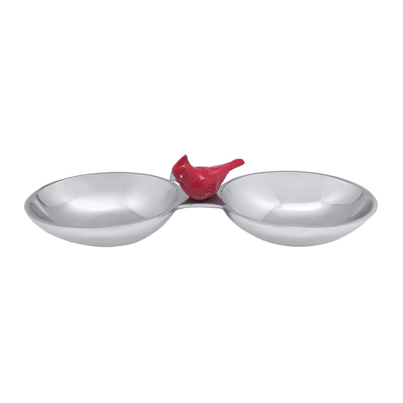 Double nut dish with two shallow bowls and red cardinal topper