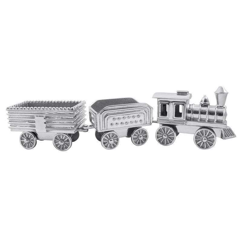 Metal train server with locomotive and cargo cars, polished silver look