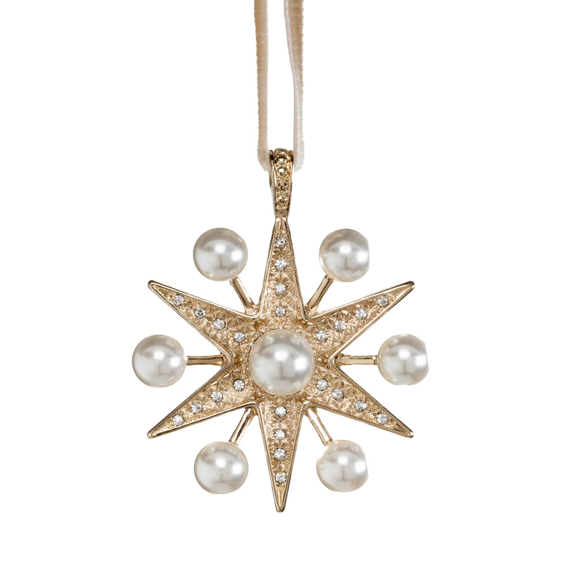 Gold-tone star ornament with crystal sparkle, white pearls, hanging on cord