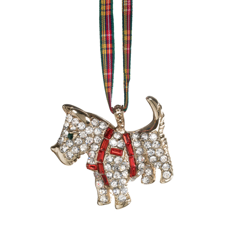 Joanna Buchanan Scottie dog ornament with red plaid harness and rhinestone details