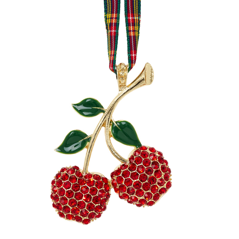 Crystal cherry ornament with red rhinestone cherries, green leaves, and gold stem