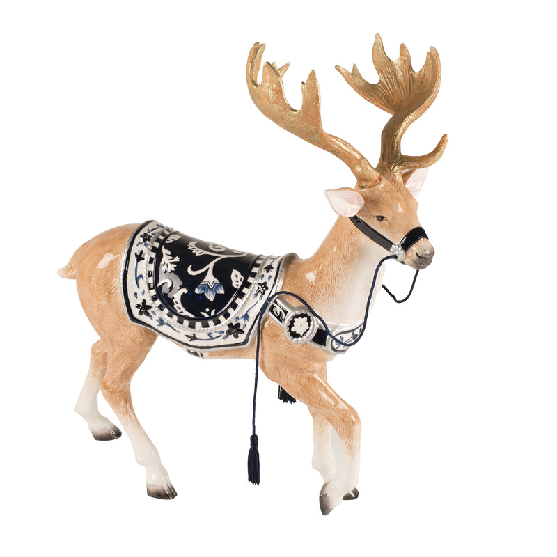 Bristol Holiday reindeer figurine, tan with tall antlers, black-and-white patterned harness.