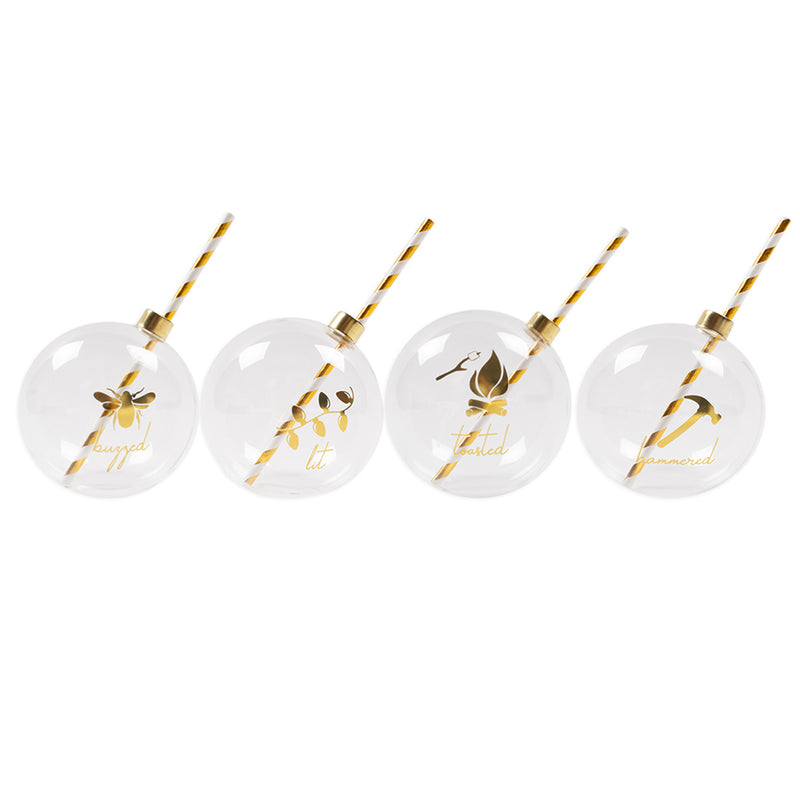 Set of 4 clear drinking glasses with gold floral ornament, matching striped straws