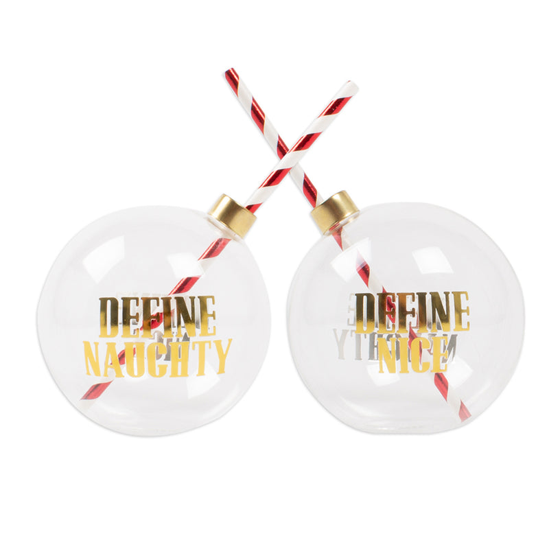 Set of 2 clear ornament drink glasses, Define Naughty and Define Nice with candy-striped toppers