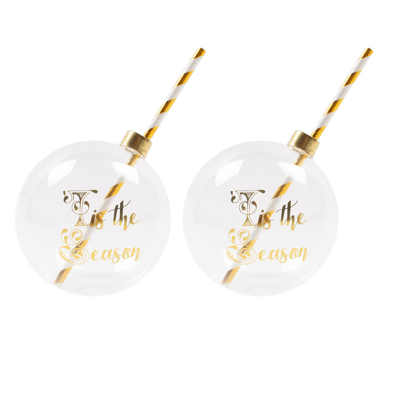 Set of 2 clear ornament drinking glasses with 'Tis the Season print and gold striped straws
