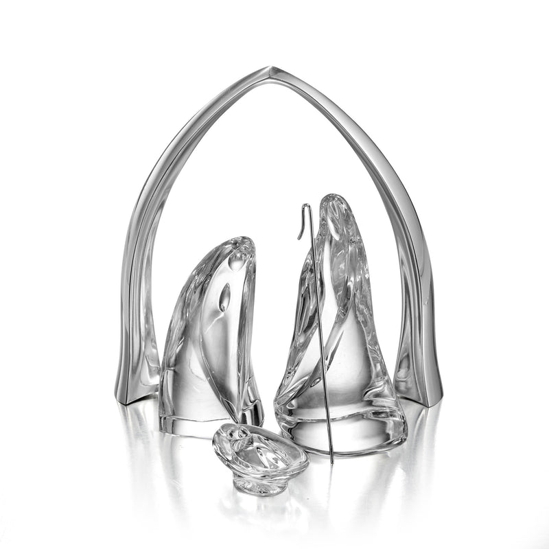 Nambe glass Holy Family nativity with creche, clear glass arch