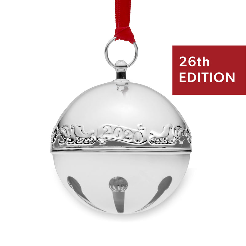 Sterling silver sleigh bell ornament with 2020 engraving and ribbon loop, 26th edition