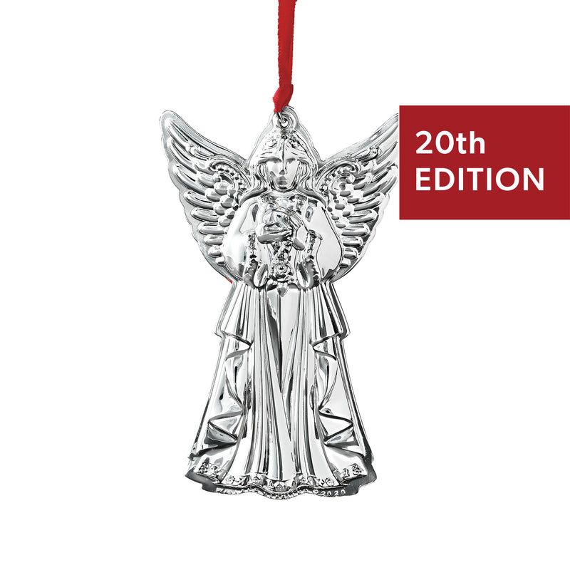 Sterling silver angel ornament with raised wings and hanging loop, on red ribbon