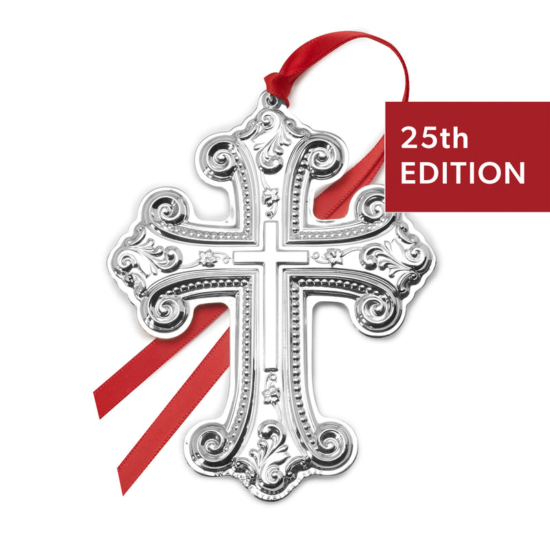 Sterling silver baroque cross ornament with red ribbon, 25th Edition