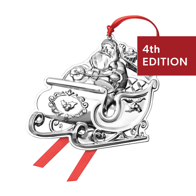 Sterling silver Santa in sleigh ornament with red loop, 4th edition badge