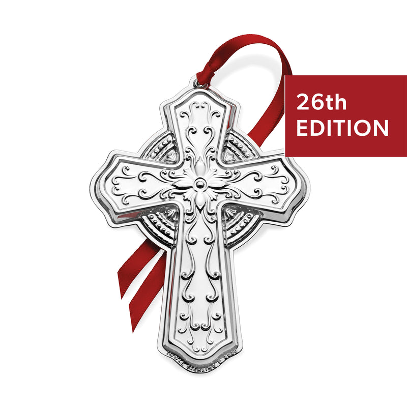 Sterling silver cross ornament with red ribbon, 26th edition