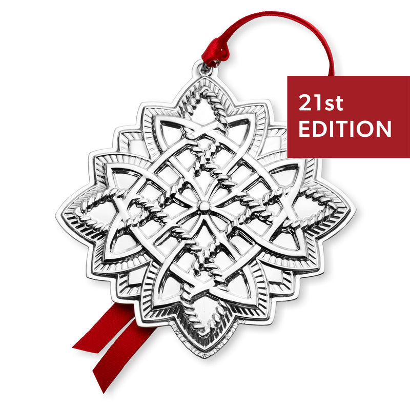 Towle sterling silver Celtic ornament, 21st edition, red ribbon loop and star pattern
