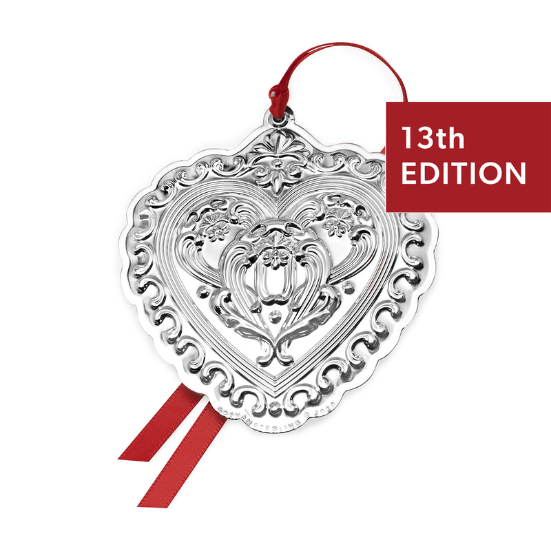 Sterling silver heart ornament, ornate filigree, red ribbon and hanging loop—13th edition
