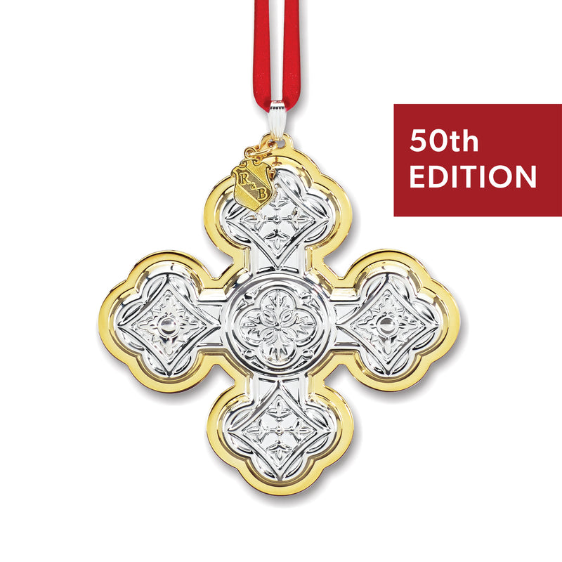 Sterling silver Christmas cross ornament with gold accents, red ribbon, 50th edition