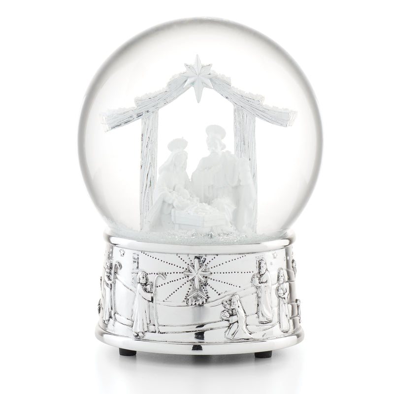 Musical nativity snow globe with white stable scene and silver glitter base
