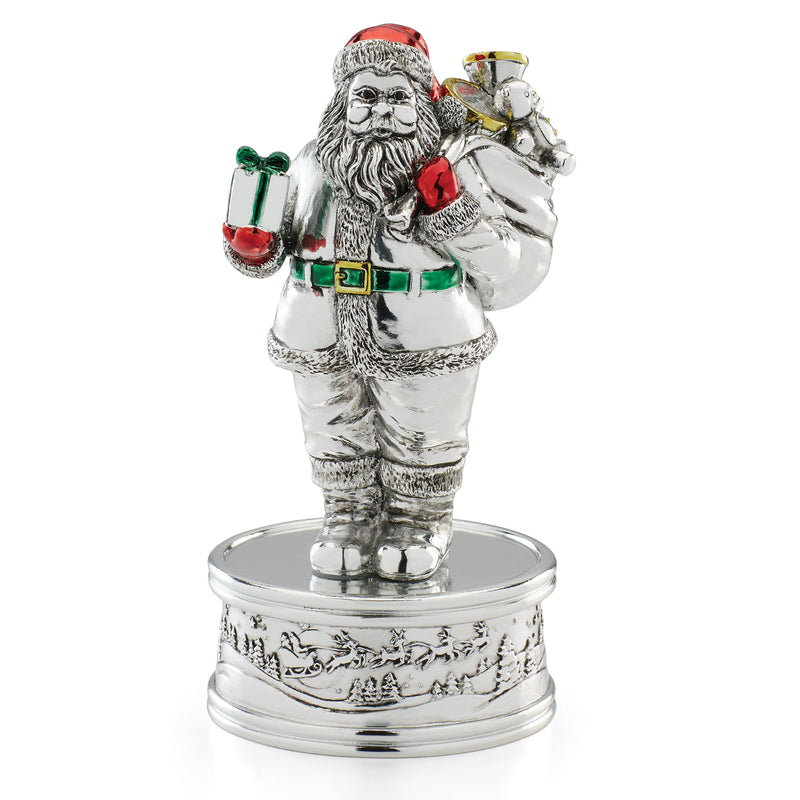 Reed & Barton vintage Santa musical box figurine, silver with green belt and red gift