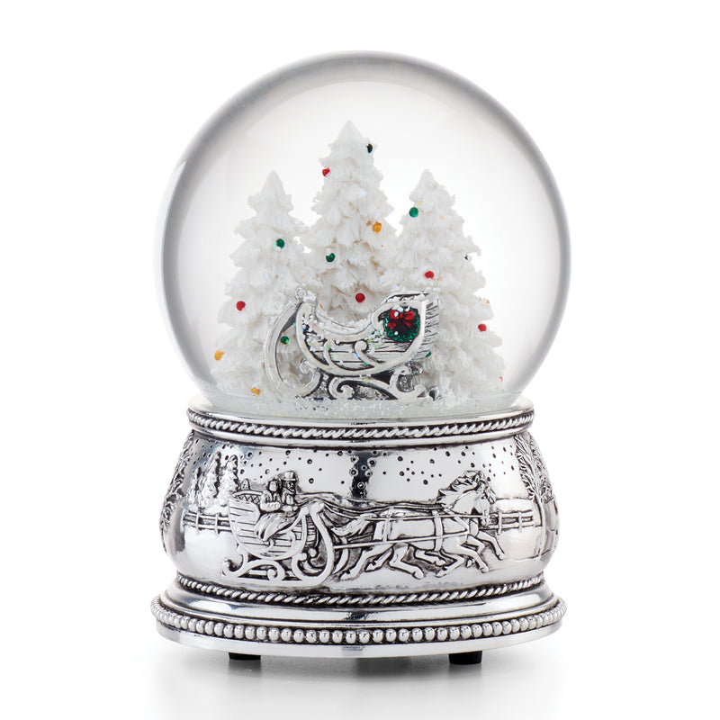 Reed & Barton sleigh snow globe with snowy trees and sleigh scene inside, glass dome