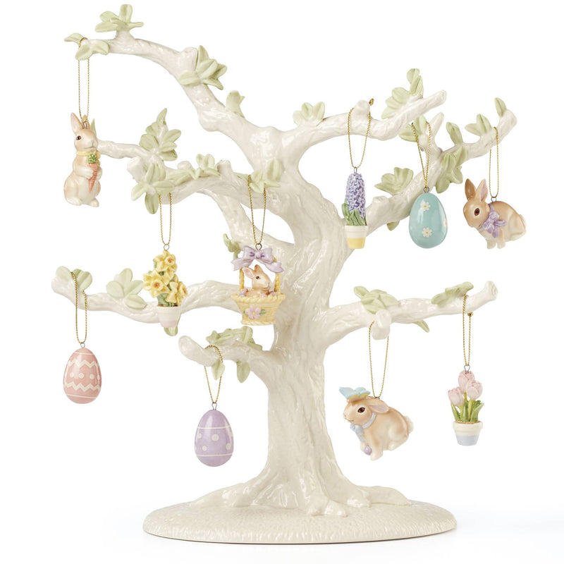 Porcelain Easter display tree with 10 hanging mini ornaments and egg charms