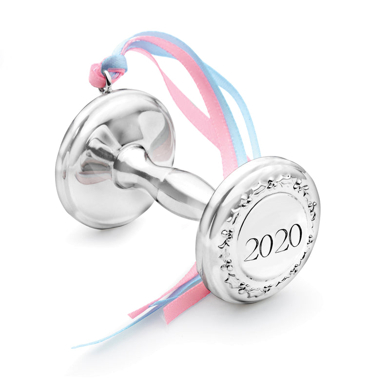 Sterling silver 2020 baby rattle ornament with pink and blue ribbon loops