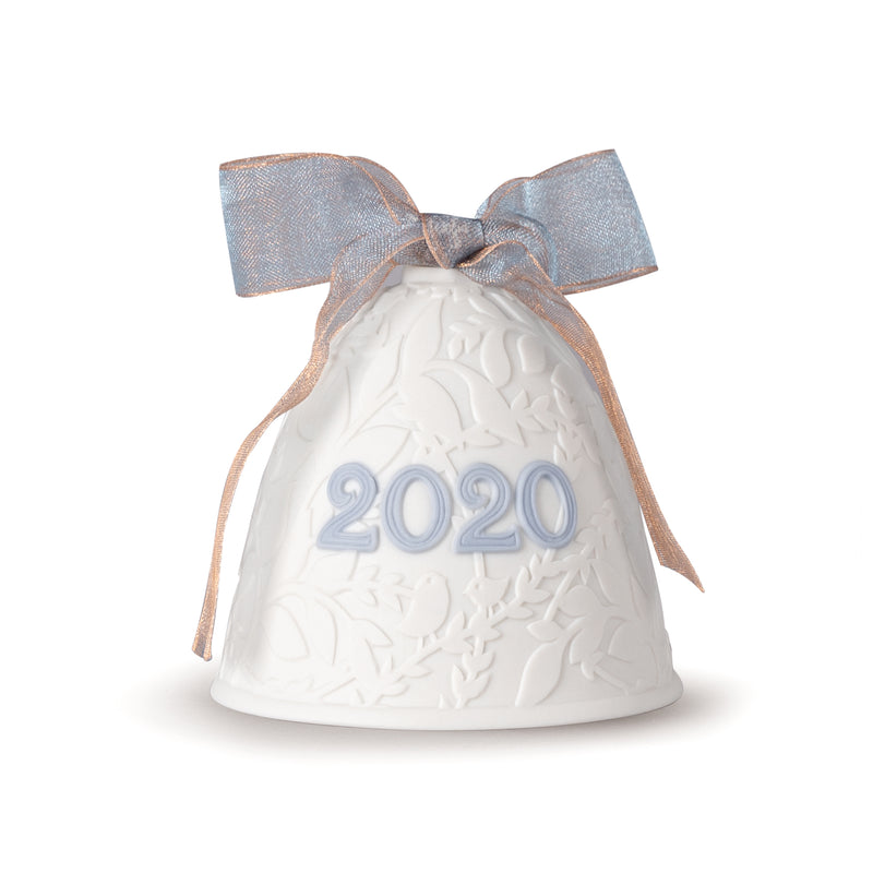 Lladro 2020 annual porcelain bell ornament, white with blue 2020 and ribbon bow