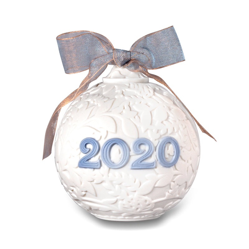 Lladro 2020 porcelain ball ornament, white with blue '2020' and metallic ribbon bow