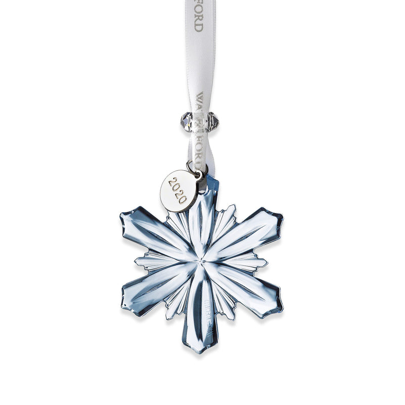 Waterford 2020 blue crystal snowflake ornament on white ribbon with hanging loop