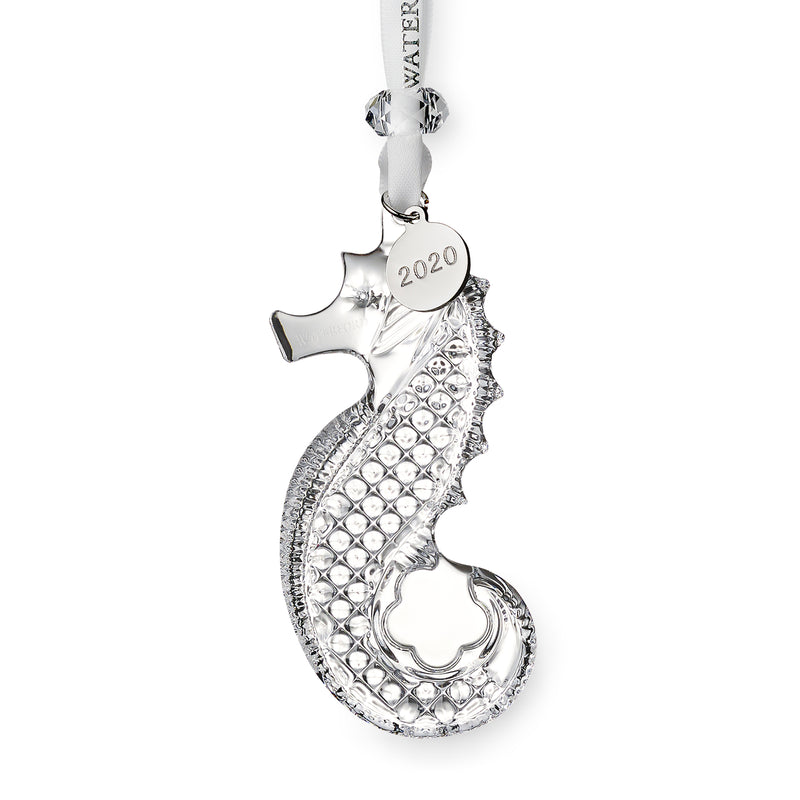 Waterford Crystal 2020 seahorse ornament in clear cut crystal, hanging with 2020 charm