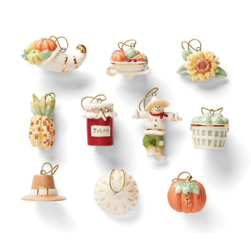 Set of 10 mini holiday ornaments with fall-themed shapes, including pumpkin and jar styles