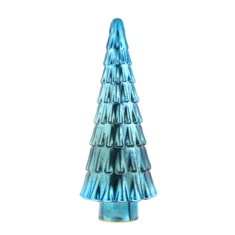 Medium blue mercury-glass decorative tree with tiered layered design
