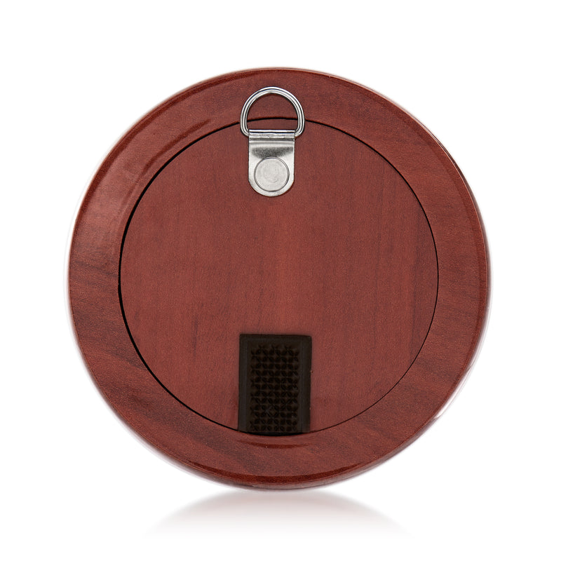 Round picture frame back with silver-tone loop hanger and central clasp opening