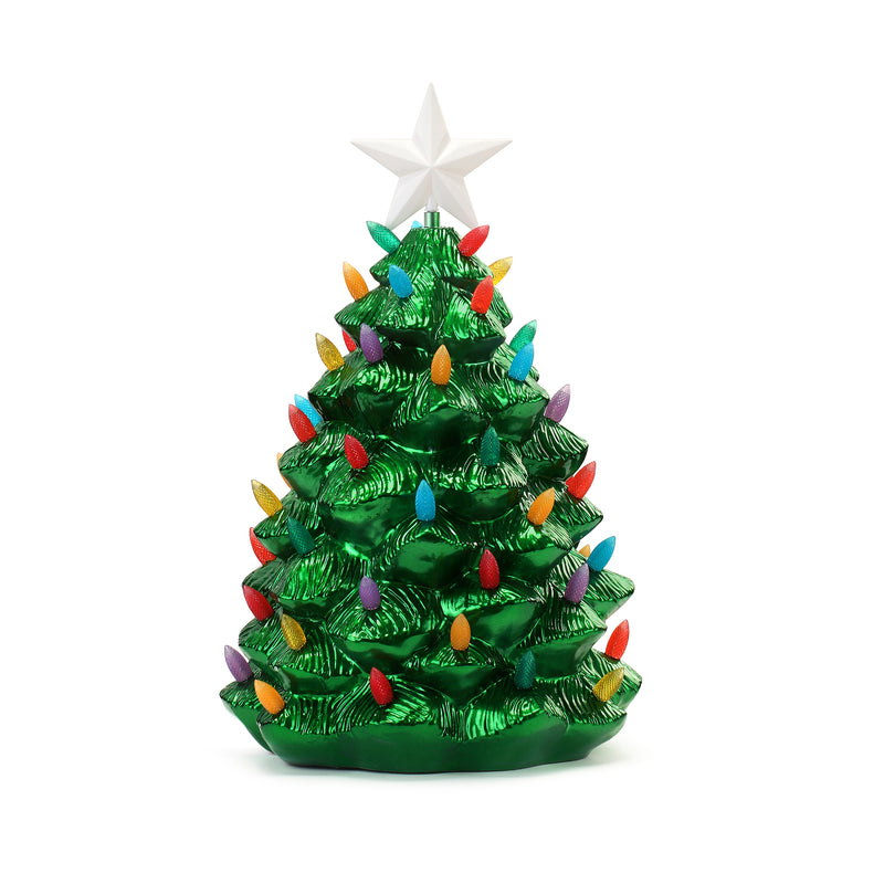 Green nostalgic Christmas tree with star topper and multicolored lights