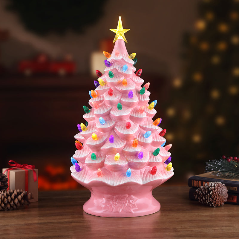 Mr. Christmas pink nostalgic tabletop tree with multicolored lights and star topper