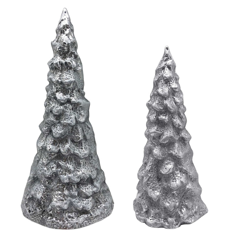 Pair of textured metal-look winter tree ornaments, tapered conical shape, gray silver