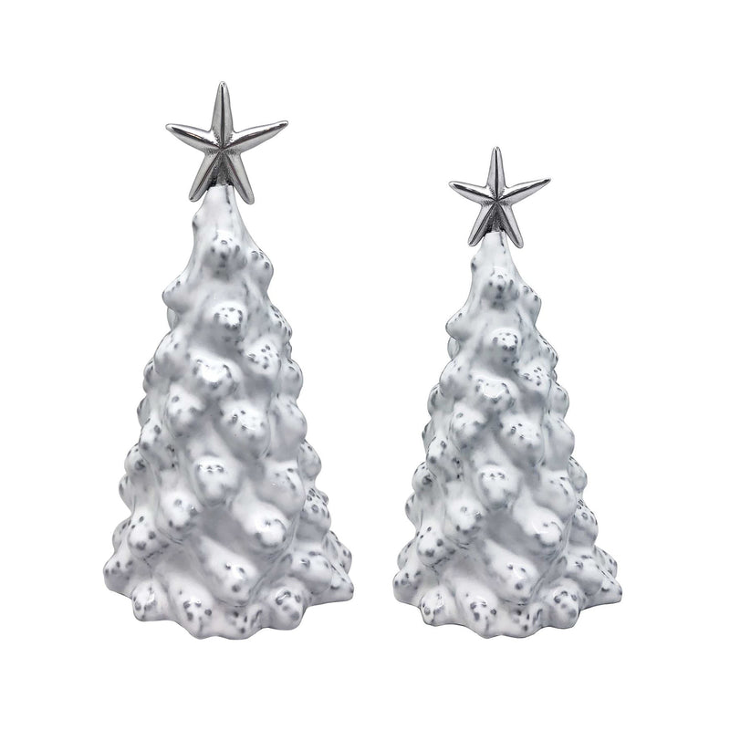 Mariposa white ceramic Christmas tree figurines, two sizes, silver star toppers