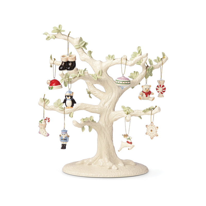 Lenox Christmas Memories set of 10 mini ornaments on decorative tree