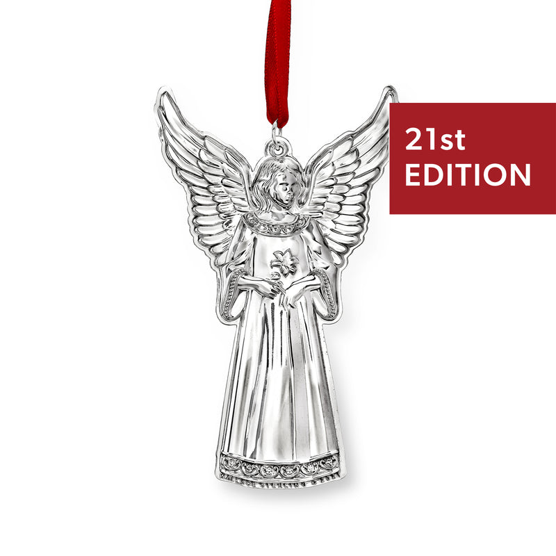 Sterling silver angel ornament, 21st edition, with red hanging ribbon and detailed wings