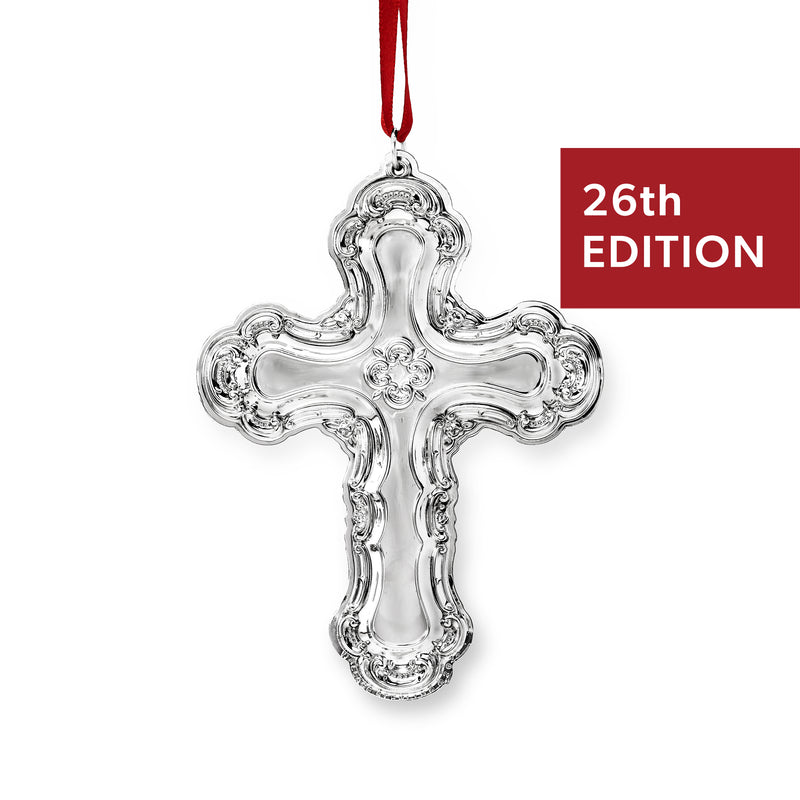 Sterling silver baroque cross ornament with hanging red ribbon, 26th edition